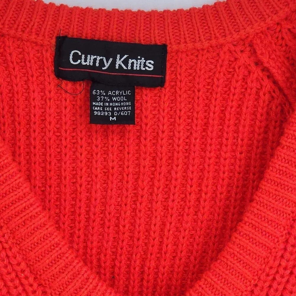 Curry Knits V-neck Cable Knit Bright Red Sweater Unisex  size M - Picture 2 of 7